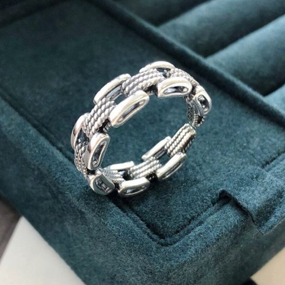 925 Sterling Silver Curb Chain Link Ring Dainty Minimalist Adjustable Ring - Picture 4 of 7